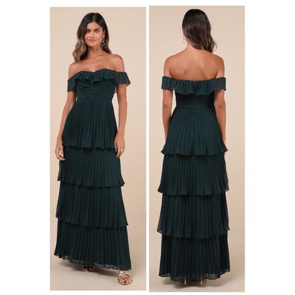 Lulus Dresses & Skirts - Lulus Always Remarkable Emerald Pleated Off-the-Shoulder Maxi Dress Size Small